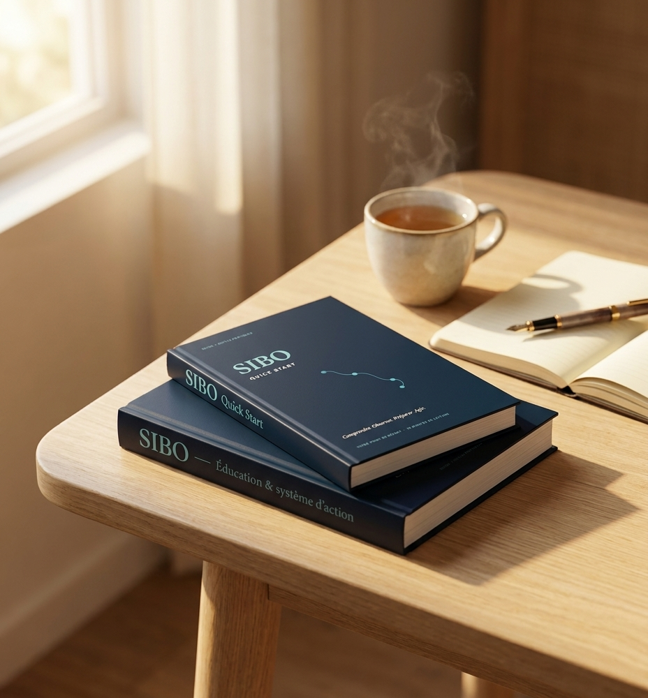 SIBO Complete Starter Bundle — photographie éditoriale, les deux livres empilés sur bureau avec thé et carnet