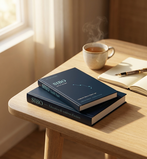 SIBO Complete Starter Bundle — photographie éditoriale, les deux livres empilés sur bureau avec thé et carnet