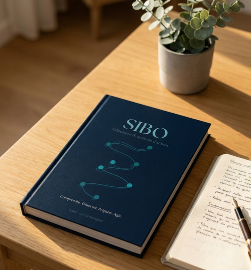 SIBO Education + Action System — photographie éditoriale, livre sur bureau avec carnet et plante